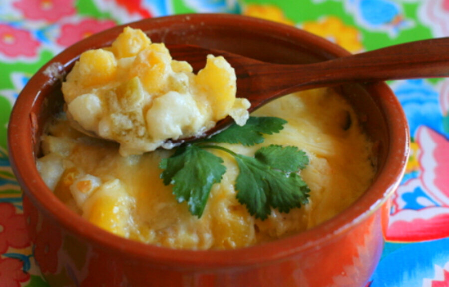 Creamy hominy bake with green chiles and cheese
